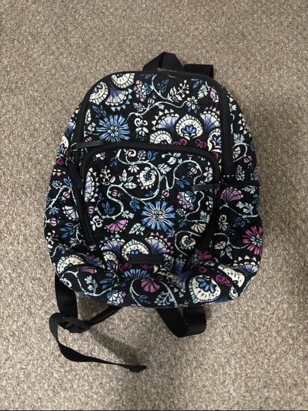 Vera Bradley Black Backpack with Blue, Purple & White Floral Print